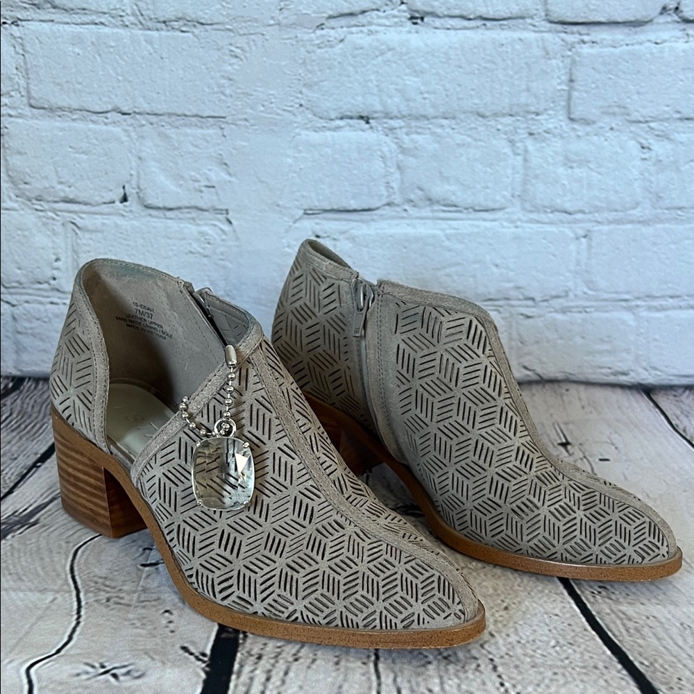 * 1.State Iddah perforated cutaway booties grey suede with a stacked block heel